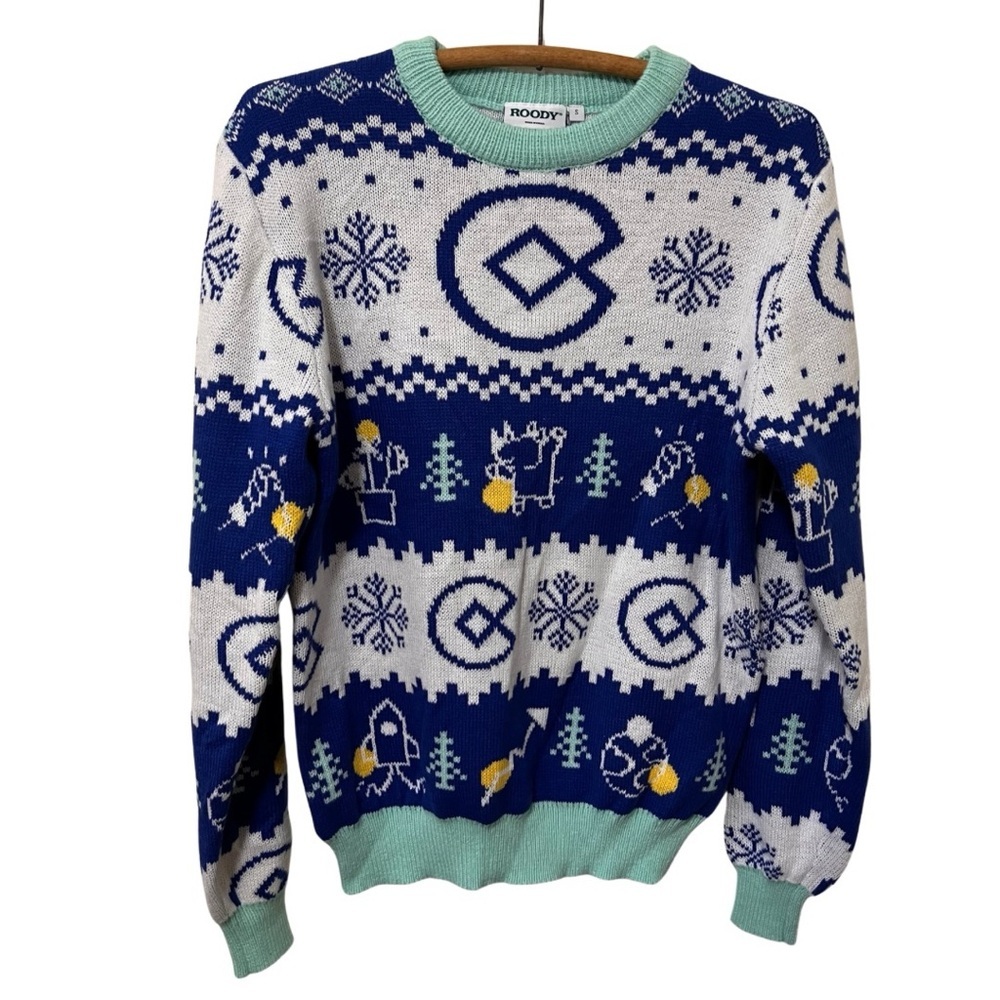 Roody Ugly Christmas Holiday Men's size Small Blue white Knit Sweater Snowflake